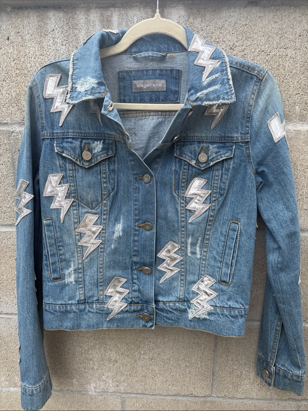 bagatelle Light Blue Denim Jacket with Silver Lightning Patches